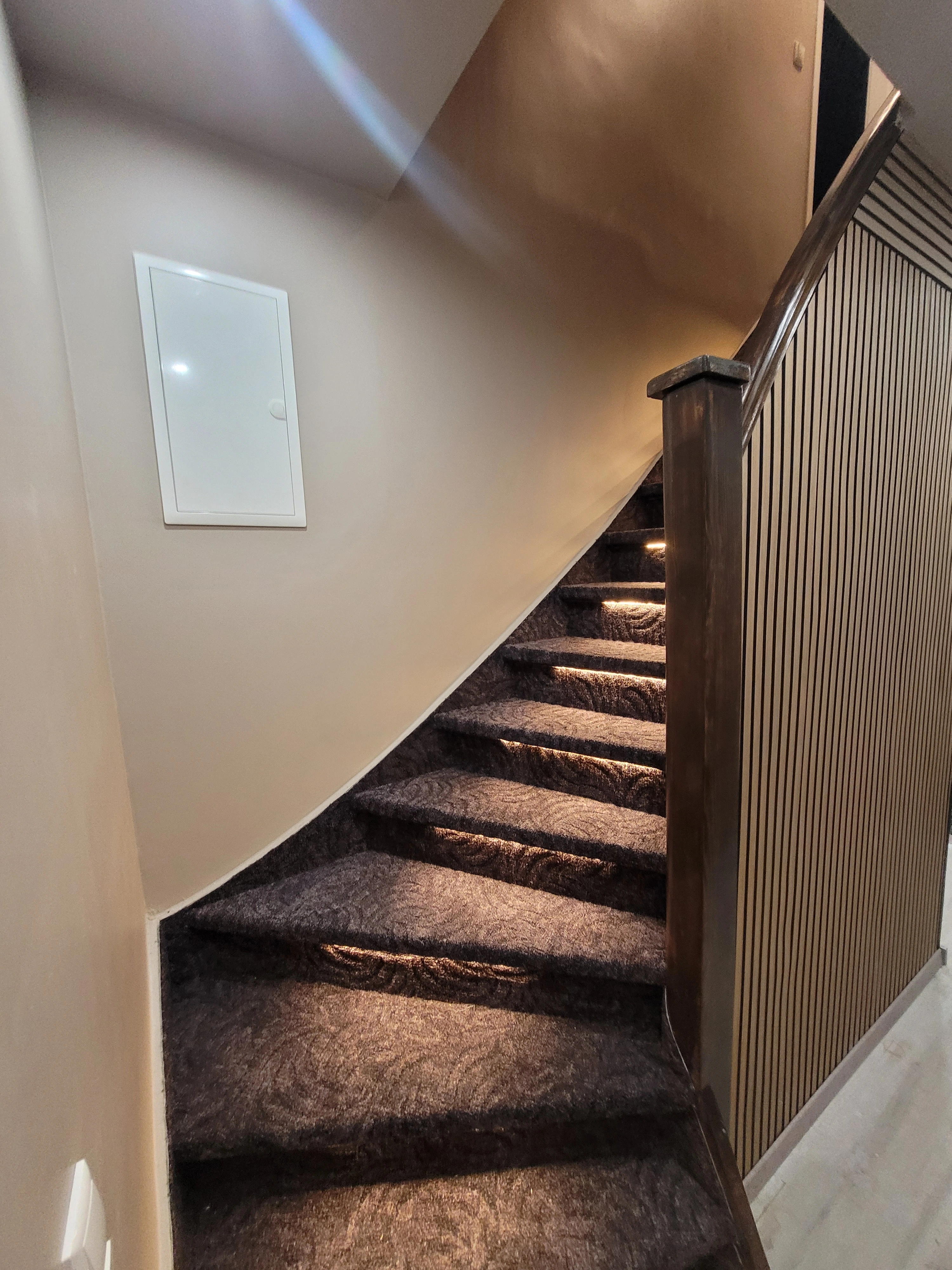 Treppe mit dunklem Teppichbelag und indirekter LED-Beleuchtung, kombiniert mit moderner Holzverkleidung an der Wand.